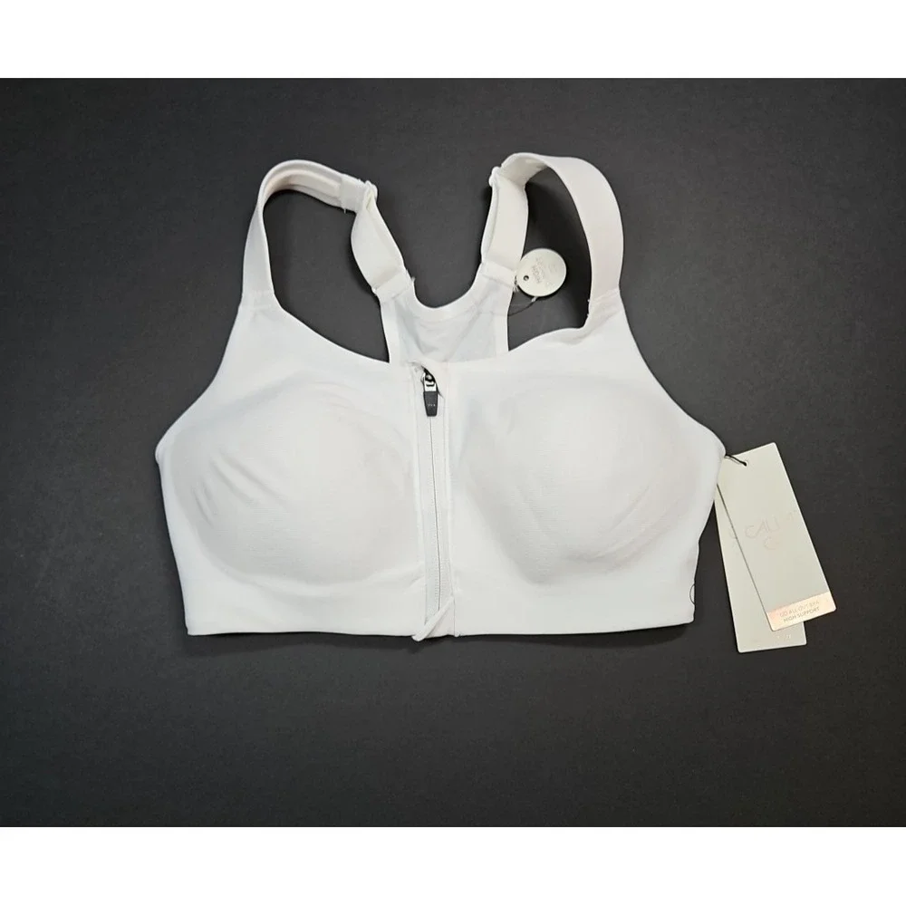 Calia Womens White Go All Out Zip Front Sports Bra Size 32 DD NWT‎